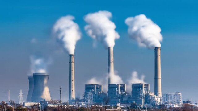 Industrial power plant emitting smoke against a bright blue sky
