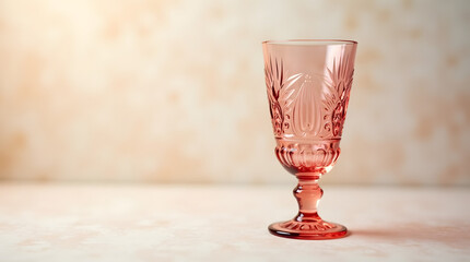 vintage pink glass with delicate curves and ornate details, set against a soft, creamy white background, the glass is adorned with intricate etchings and subtle imperfections, its pink hue is warm
