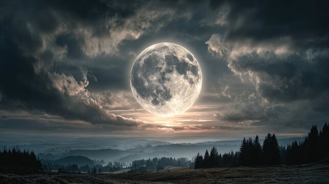 Glowing full moon over clouds at night, celestial orb and sky