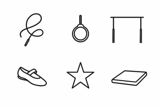 Gymnastics equipment icons including ribbon, rings, parallel bars, shoe, star, and mat