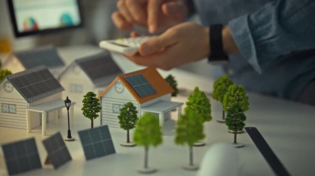 A design engineer uses a calculator while examining a small model of homes equipped with solar panels. This scene takes place in a workspace focused on renewable energy solutions