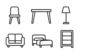 Fototapeta premium Minimalist furniture icon set: chair, table, lamp, sofa, bed, shelf