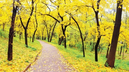 Fototapeta premium Majestic autumn alleys: a tranquil escape in the heart of nature. Honest scene. The essence of fall captured in a peaceful tree alley with fall hues. Human touch. Simple life.