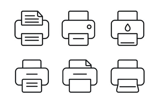 Set of six printer line icons with various paper and ink styles