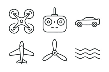 Drone controller car plane propeller waves outline icons set