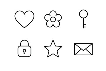 Simple icon set: heart, flower, key, lock, star, envelope in black and white