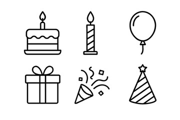 Birthday celebration icons: cake, candle, balloon, gift, party popper, hat