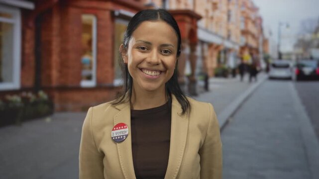 Smiling woman on street with 'i voted' badge, symbolizing civic pride in usa as she stands outdoors showcasing participation in democracy and wearing a brown jacket. - Powered by Adobe