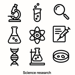 Obraz premium Science research icons: microscope, test tube, dna, atom, petri dish