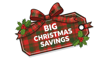 Celebrate big Christmas savings with a festive plaid tag and holly, perfect for holiday promotions and seasonal advertising campaigns