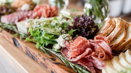 A beautiful charcuterie board is arranged with various cured meats cheeses and fresh greens. The wooden platter showcases the vibrant colors and textures of the food creating a tempting display.