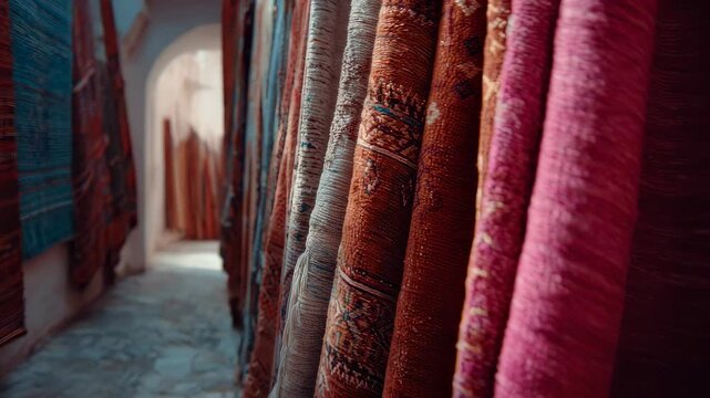 Traditional colorful rugs hanging in a narrow market alley, showcasing authentic handmade fabric patterns and cultural craft.