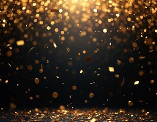 Gold confetti falling on black background. Glittering golden pieces floating in air. Shining festive scene with copy space for award or celebration. Light spot at top center.