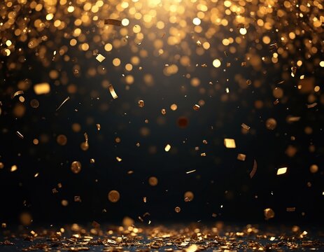 Gold confetti falling on black background. Glittering golden pieces floating in air. Shining festive scene with copy space for award or celebration. Light spot at top center.