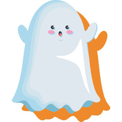 Cute Transparent Ghost Illustration With Happy Expression and Orange Shadow On White Background