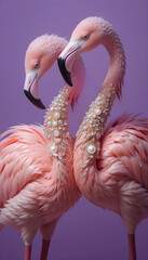 Naklejka premium beautiful soft pink flamingos in diamond presious necklace against purple background. Digital art. Ai generated
