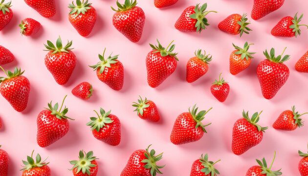 Fresh red strawberries scattered on a pink background.