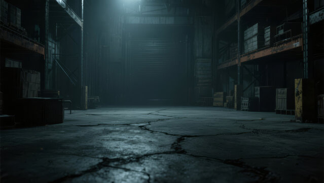 Dimly lit warehouse with dusty concrete floor and stacked crates. - Powered by Adobe