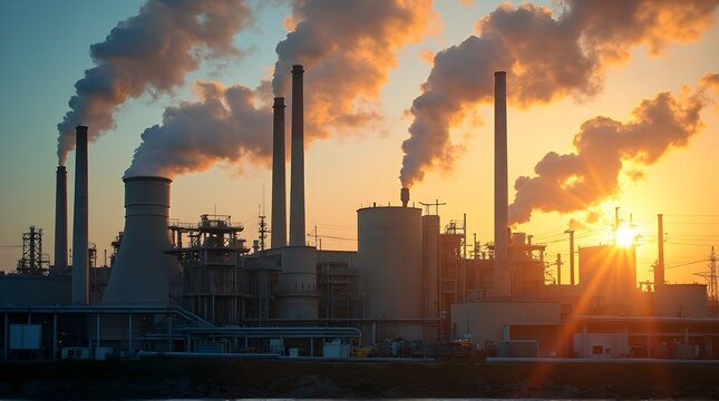 Silhouette of Petrochemical Industry Plant with Smoking Chimneys at Bright Sunset