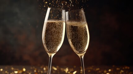 Champagne glasses clink together in celebration with warm golden reflections against an elegant dark backdrop