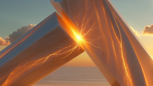 Friends supporting each other, a conceptual animation of teamwork and partnership as two blocks generate powerful energy and light at sunset.