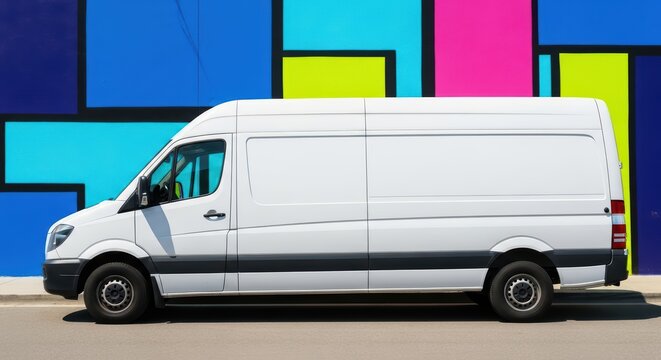 White cargo van against vibrant geometric art mural on urban street