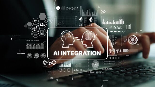 Futuristic Concept of AI Integration and Technology with Human Hands Typing on Laptop Keyboard. Asymptotic smart data analytic.