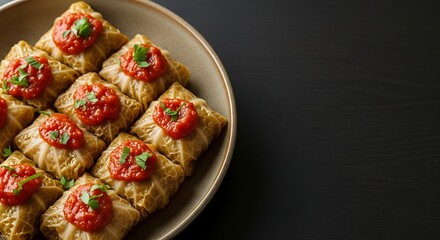 Holishkes Jewish Stuffed Cabbage Rolls with Tomato Sauce and Parsley Garnish on Dark Background
