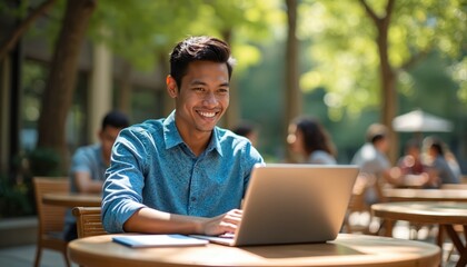 Happy young man works on laptop computer. Male student enjoys online education. Person using notebook at cafe table. Digital tech and distance study concept. Asian ethnicity male.