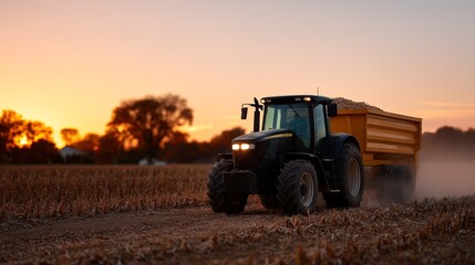 Fototapeta premium Tractor hauling grain trailer through harvested field at sunset during autumn Thanksgiving season