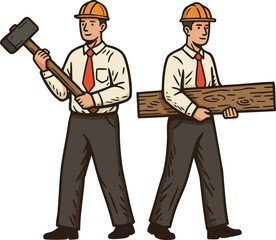Obraz premium Construction workers holding sledgehammer and wooden plank in safety helmets and formal attire vector illustration 