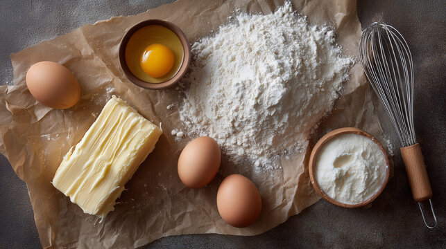 Baking ingredients arranged on parchment paper, featuring flour, butter, eggs, and a whisk displayed on a dark textured surface in a warm kitchen setting.