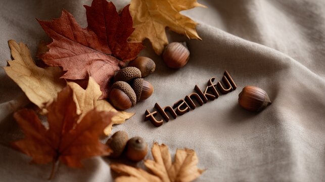 Autumn thankful message with leaf and nut decor on soft fabric background