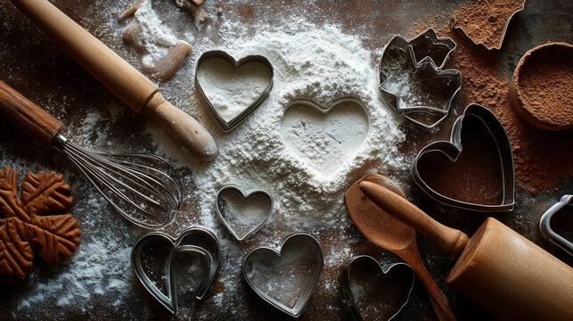 Cookie cutters, rolling pin, whisk, flour, and baking tools arranged on a dark surface with heart-shaped cutouts forming a festive baking scene.
