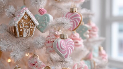 Candy-themed Christmas tree branches decorated with gingerbread houses and pastel ornaments create a festive atmosphere