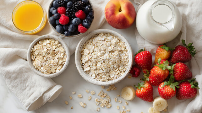 Breakfast ingredients arranged on a light surface, featuring oats, fresh berries, strawberries, banana slices, peach, milk, and orange juice in a bright setup.