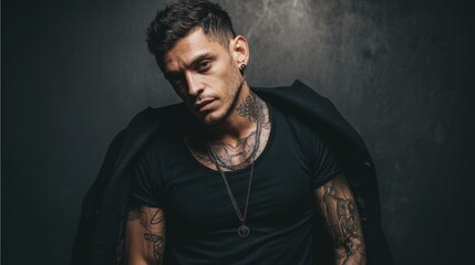 A confident man stands in a dimly lit studio wearing a black t shirt and displaying intricate tattoos. His expression is serious and thoughtful as he leans slightly forward.