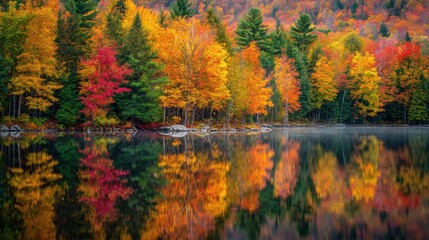 Obraz premium Colorful fall foliage paints the landscape with shades of red orange and yellow. The calm lake mirrors the vibrant trees creating a serene scene in the early morning light.
