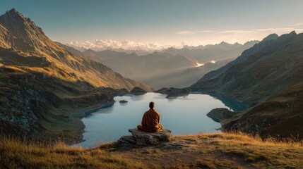 A man sits on a rock overlooking a lake. The scene is peaceful and serene, with the man's posture and the calm waters of the lake conveying a sense of tranquility and contemplation