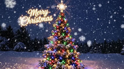 Festive Christmas tree with colorful lights glowing in a snowy winter landscape at night. Animated snow falling with a Merry Christmas greeting. Magical holiday celebration concept - Powered by Adobe