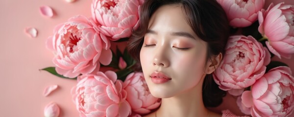 Young Asian woman with closed eyes lies among pink peony flowers on pastel background. Shows calm, serene beauty, healthy natural skin. Photo suggests skin care, wellness, spring, delicate