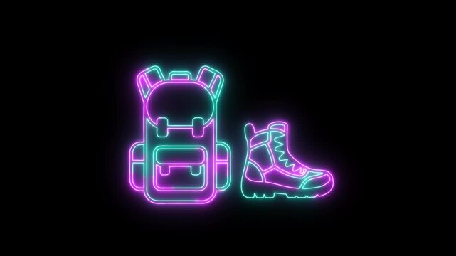 A vibrant, glowing neon vector illustration of a backpack and hiking boot against a stark alpha channel transparency