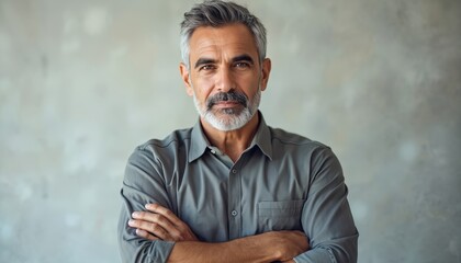 Serious mature man stands with crossed arms. Hispanic senior looks at camera. Grey haired male poses with confidence. Older stylish gentleman wears button down shirt. Adult shows facial expression.
