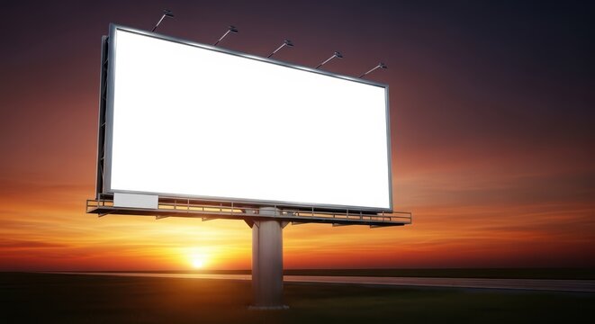Sunset silhouetted billboard with empty white display on rural roadside