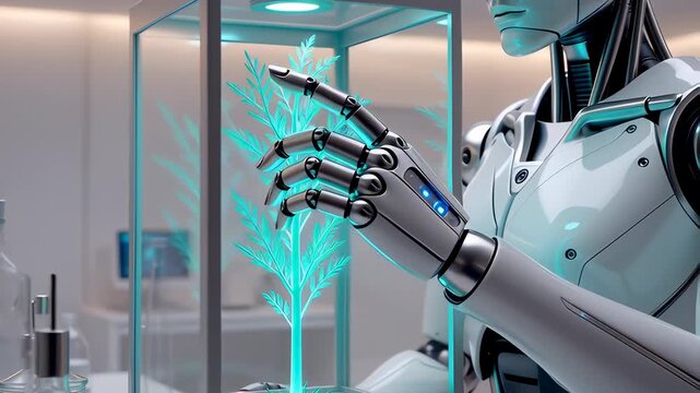 Futuristic humanoid robot using advanced AI technology to research a glowing, bioluminescent plant in a sterile, high-tech science laboratory, a concept of botanical discovery. - Powered by Adobe