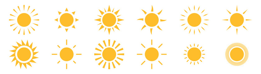 Yellow sun icons. Sunset icon collection. Yellow sun star icons. Yellow simple sun, hot summer weather symbol.