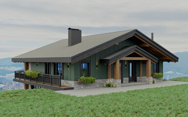 Private chalet-style house in green and stone in the mountains