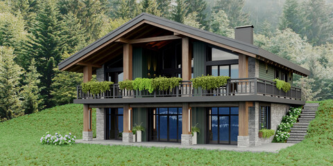 Private chalet-style house in green and stone in the mountains