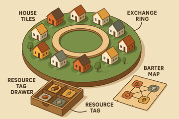 Circular village board game setup with exchange ring and barter map components
