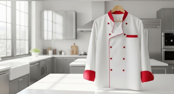 Chef jacket with red accents hanging in modern kitchen interior